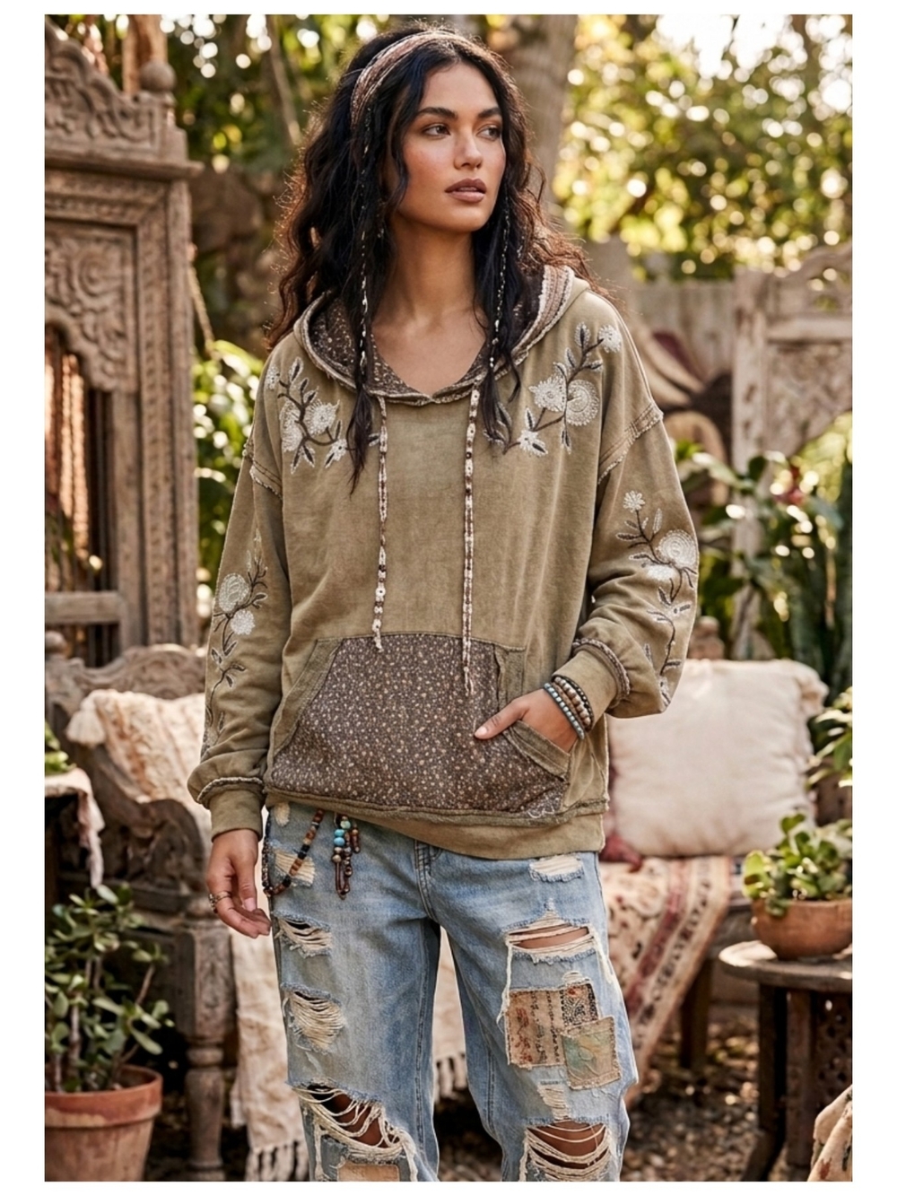 Embroidered Olive Green Pullover Hoodie